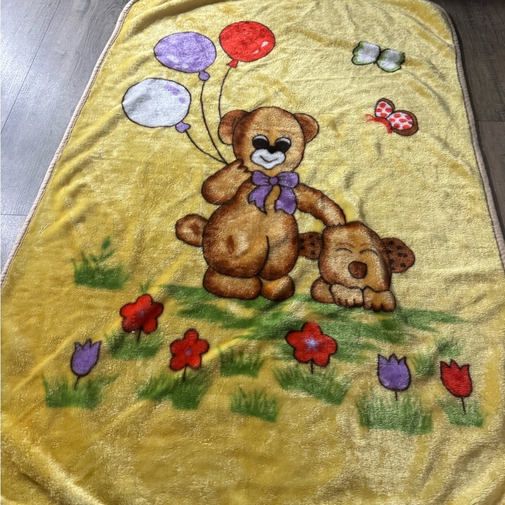 Yellow Teddy Bear & Puppy Plush Kids Blanket with Balloons
